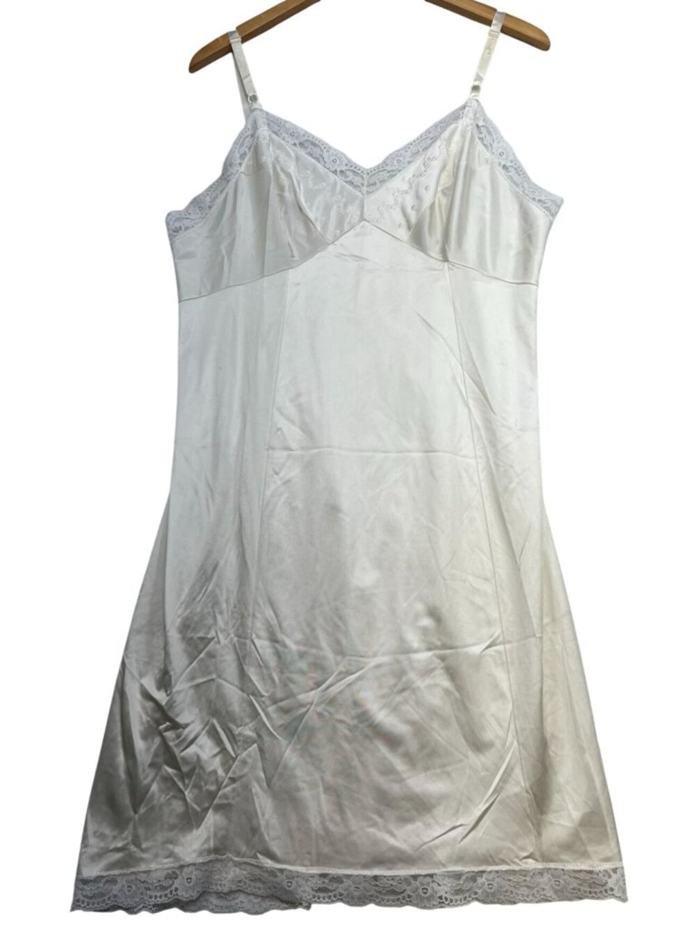 Vintage Women's Lace Trim V Neck Satin Slip Dress Sleeveless Size 40 White Solid